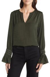 Vince Camuto Studded Cuff Split Neck Blouse at Nordstrom